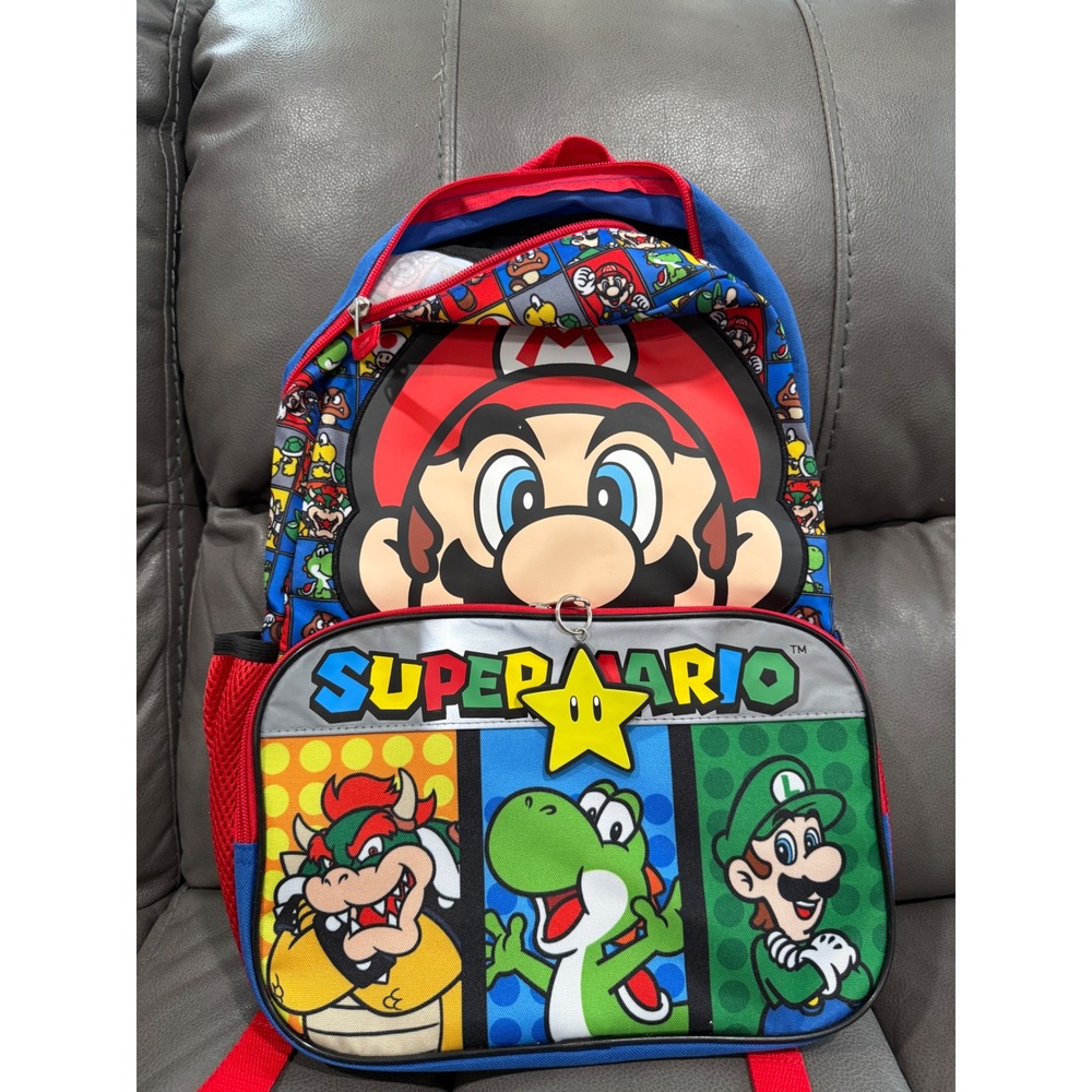 Nintendo Super Mario Bros Kids Backpack Blue Red Luigi Yoshi Bowser School Bag